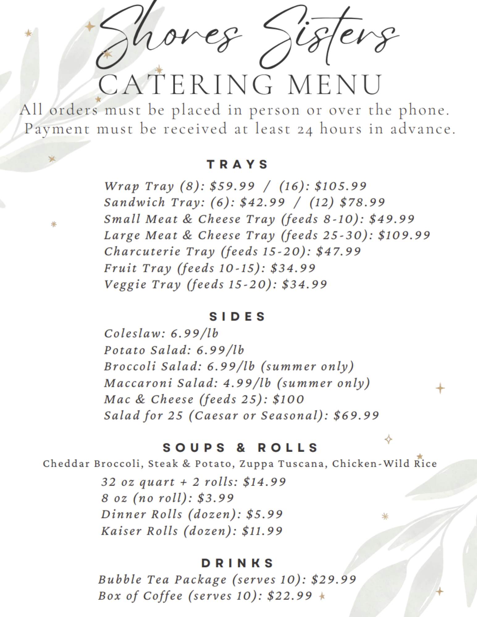 Shores Sisters Catering Menu Page 1